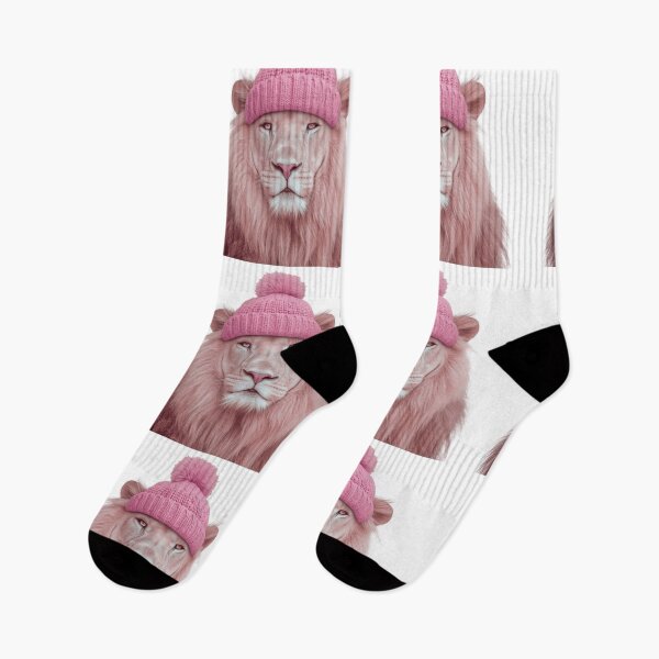 Item preview, Cozy Pink Lion Wearing Pink Winter Hat Trendy Animal Fashion Artwork designed and sold by LazyOwlStore.