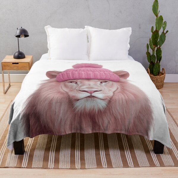 Item preview, Cozy Pink Lion Wearing Pink Winter Hat Trendy Animal Fashion Artwork designed and sold by LazyOwlStore.