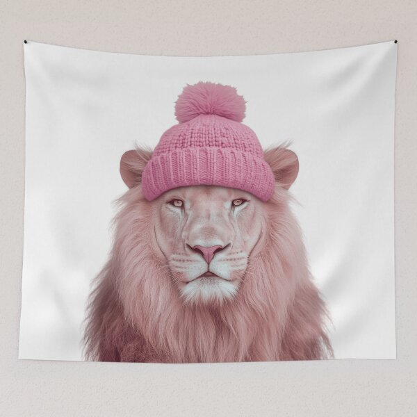 Item preview, León rosa acogedor con sombrero de invierno rosa, obra de arte de moda animal de moda designed and sold by LazyOwlStore.