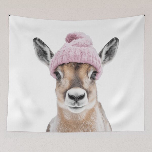 Item preview, Cozy Pronghorn Wearing Pink Winter Hat Trendy Animal Fashion Artwork designed and sold by LazyOwlStore.