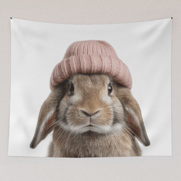 Item preview, Cozy Rabbit Wearing Pink Winter Hat Trendy Animal Fashion Artwork designed and sold by LazyOwlStore.