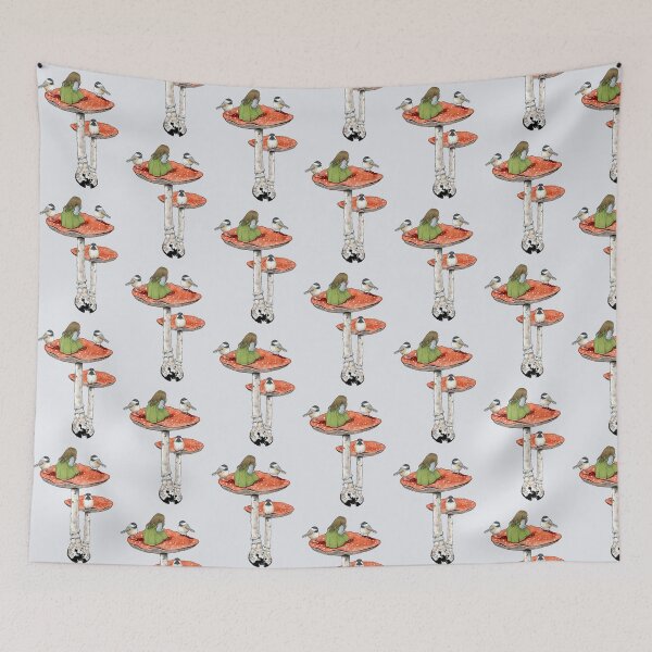 Item preview, Fantasy Art of Little Girl On a TOADSTOOL with Three Chickadee BIRDS designed and sold by JoyfulWhimsy.