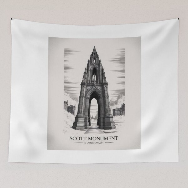Item preview, Scott Monument Edinburgh Scotland – Gothic Architecture Retro Vintage Illustration in Black and White designed and sold by pod24.