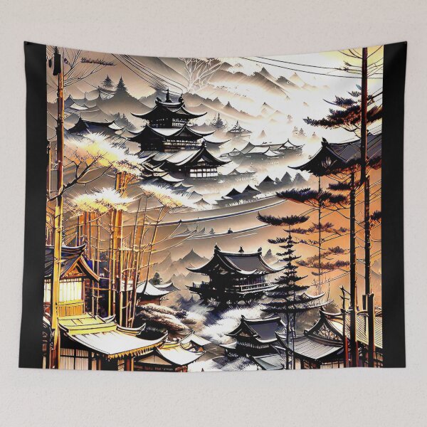 Artikelvorschau, Japanische Landschaft mit Pagodenstraße und Nebel. entworfen und verkauft von Giulivo Store Graphic.