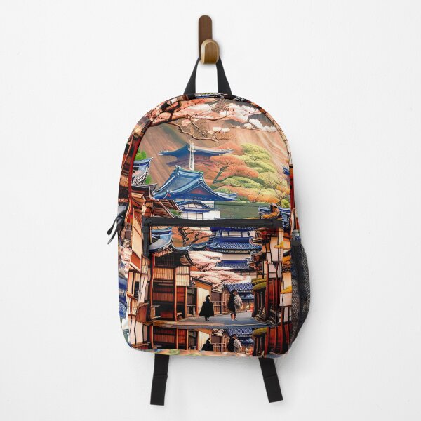 Item preview, Japanese landscape with people, pagodas, road, mountain and cherry trees. designed and sold by Giulivo Store Graphic.