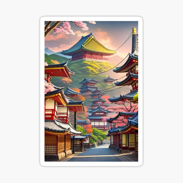 Item preview, Deserted Japanese landscape with pagodas, roads, mountains and power lines. designed and sold by Giulivo Store Graphic.
