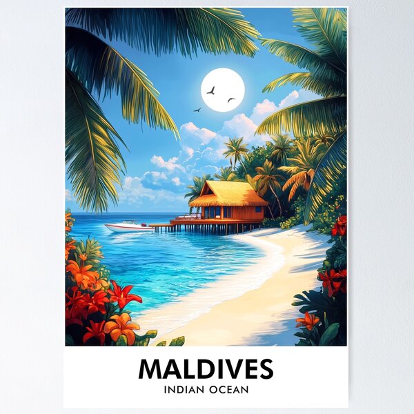Item preview, Imprimé de voyage rétro des Maldives designed and sold by HomeLivingCo.