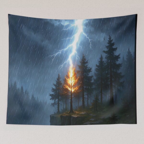Item preview, Lightning strikes a tree on a cliff, blue lit themed. designed and sold by DufferThings.