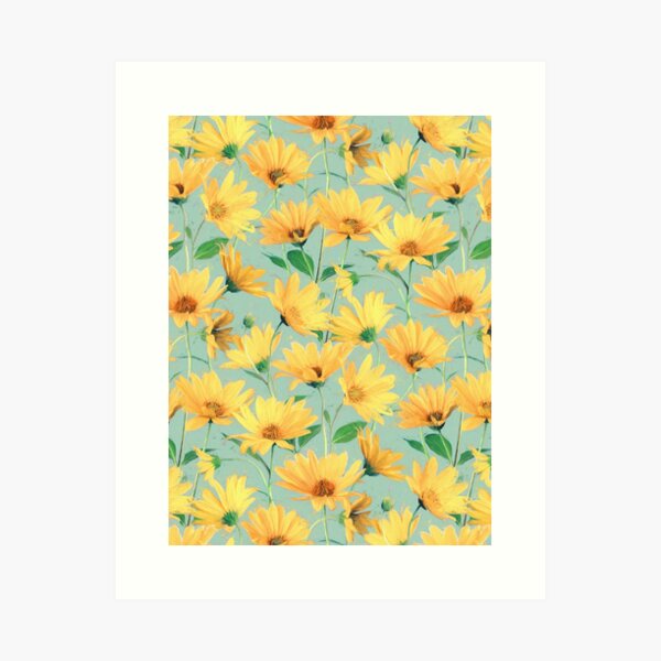 Item preview, Painted Golden Yellow Daisies on soft sage green designed and sold by micklyn.