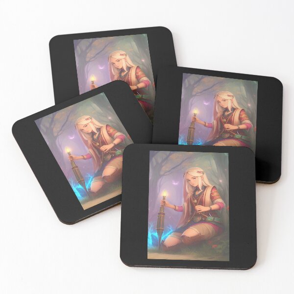 Item preview, Portrait of blonde fantasy magic girl crouching in the woods with magic tool. designed and sold by Giulivo Store Graphic.