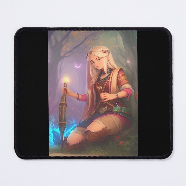 Item preview, Portrait of blonde fantasy magic girl crouching in the woods with magic tool. designed and sold by Giulivo Store Graphic.