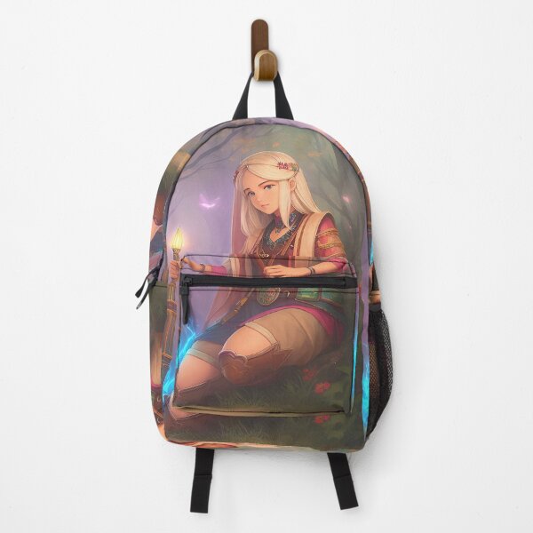 Item preview, Portrait of blonde fantasy magic girl crouching in the woods with magic tool. designed and sold by Giulivo Store Graphic.
