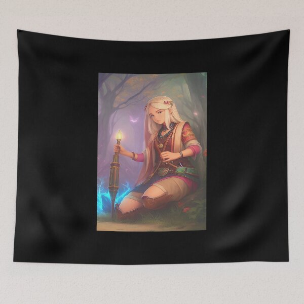 Item preview, Portrait of blonde fantasy magic girl crouching in the woods with magic tool. designed and sold by Giulivo Store Graphic.