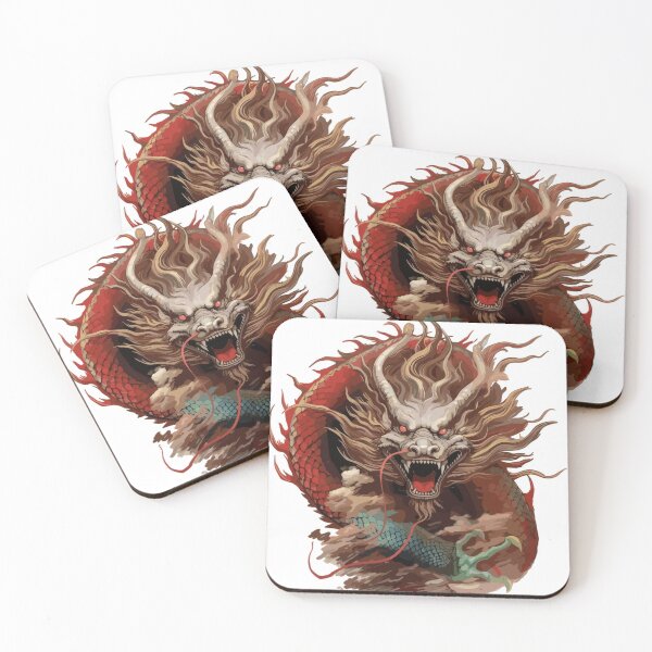 Item preview, Stormcoil Dragon – Red Japanese Dragon with Glowing Eyes – Mythical Fire Beast Tattoo Art Print  designed and sold by Daagath.