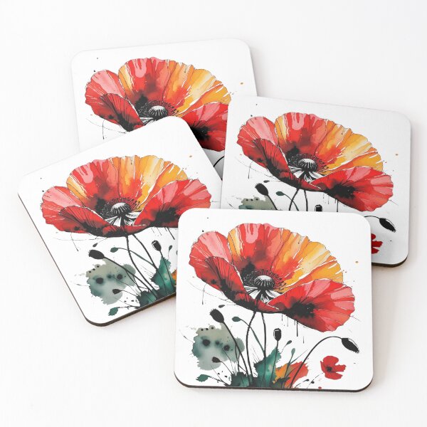 Artikelvorschau, Kräftiger roter und orangefarbener Mohn mit Tintenspritzern – Zeitgenössische Blumenkunst entworfen und verkauft von STmez Design.