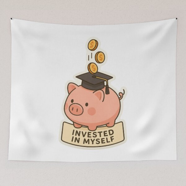 Item preview, Invested in Myself Graduation Piggy Bank Art designed and sold by Trendy Sticker & Merch Collection - Express Yourself.