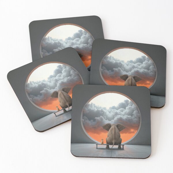 Item preview, elephant and dog sitting in front of round window with clouds designed and sold by Mike Kiev art.