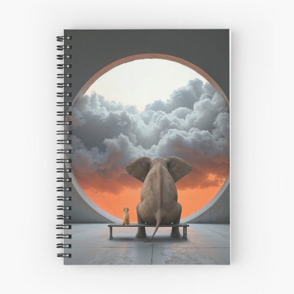 Item preview, elephant and dog sitting in front of round window with clouds designed and sold by Mike Kiev art.