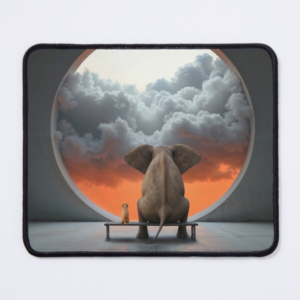 Item preview, elephant and dog sitting in front of round window with clouds designed and sold by Mike Kiev art.