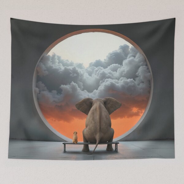 Item preview, elephant and dog sitting in front of round window with clouds designed and sold by Mike Kiev art.