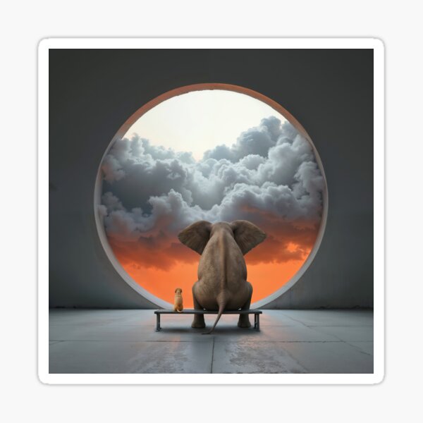 Item preview, elephant and dog sitting in front of round window with clouds designed and sold by Mike Kiev art.