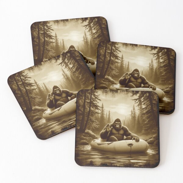Item preview, Sepia Bigfoot on Raft – Retro Cryptid River Adventure T-Shirt Design designed and sold by TheFunkyCryptid.