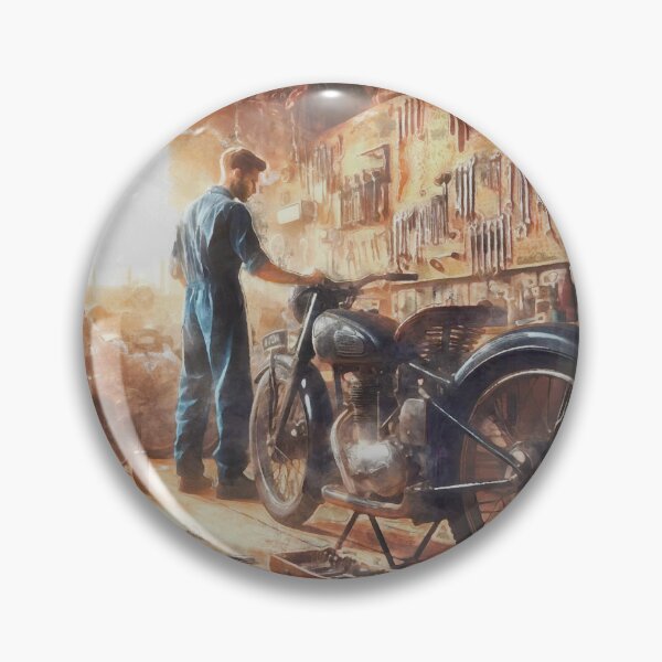 Item preview, Watercolor painting of a young mechanic in an old motorcycle workshop designed and sold by Ermes.S.