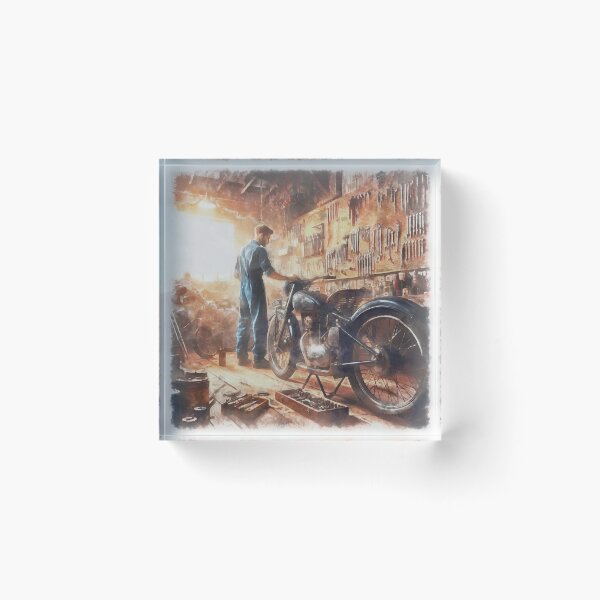 Item preview, Watercolor painting of a young mechanic in an old motorcycle workshop designed and sold by Ermes.S.