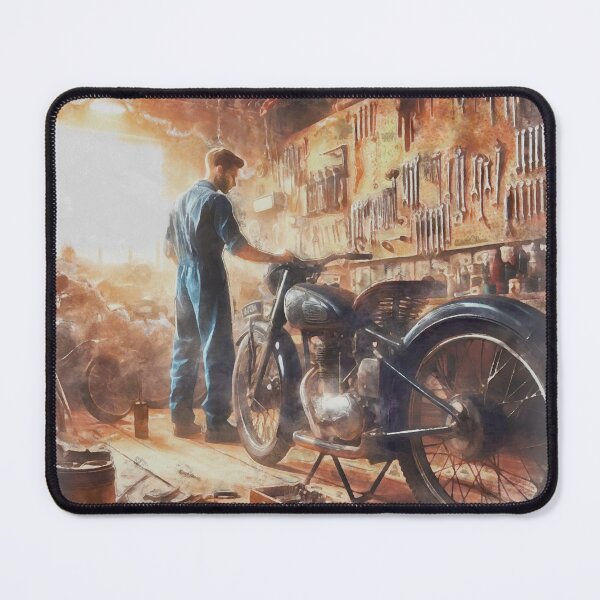 Item preview, Watercolor painting of a young mechanic in an old motorcycle workshop designed and sold by Ermes.S.