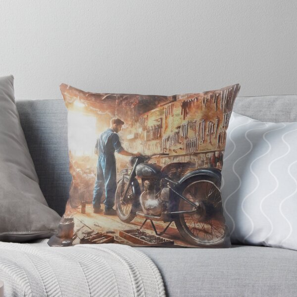 Item preview, Watercolor painting of a young mechanic in an old motorcycle workshop designed and sold by Ermes.S.