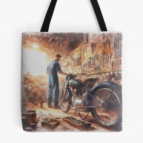 Item preview, Pintura de acuarela de un joven mecánico en un antiguo taller de motocicletas. designed and sold by Ermes.S.
