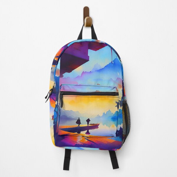 Item preview, Mountain landscape with lake and boat docks with silhouettes of two people. designed and sold by Giulivo Store Graphic.