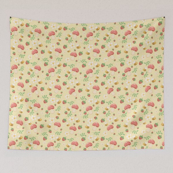 Item preview, Strawberries & Bees in the Mushroom Garden – Cute Pastel Seamless Pattern designed and sold by Lone Jensen.