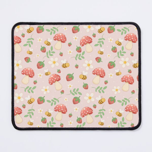 Item preview, Strawberries & Bees in the Mushroom Garden – Cute Pastel Seamless Pattern designed and sold by Lone Jensen.