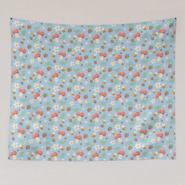 Item preview, Strawberries & Bees in the Mushroom Garden – Cute Pastel Seamless Pattern designed and sold by Lone Jensen.
