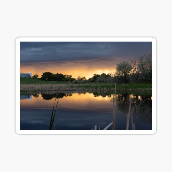 Landscape sunset reflection in a pond with farm Sticker