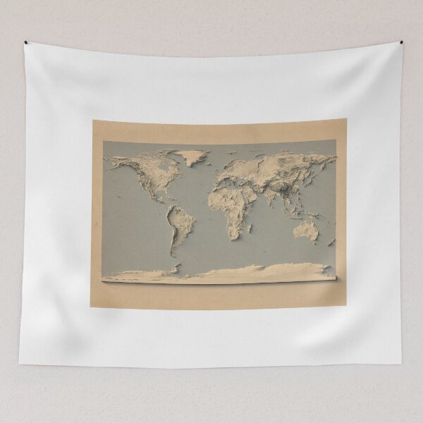 Item preview, World Map with Shaded Relief and Blue Oceans in Old Style Digitally Rendered designed and sold by ThinkAboutMaps.