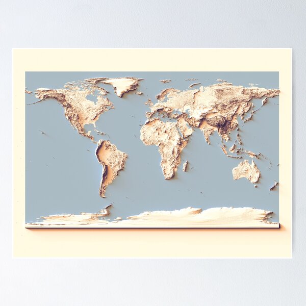 Item preview, World Map with Shaded Relief and Blue Oceans Digitally Rendered designed and sold by ThinkAboutMaps.