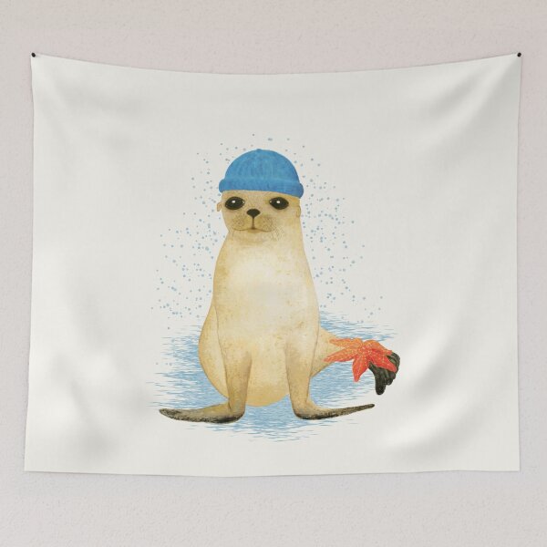 Item preview, Cute baby seal wearing a blue beanie. Hand painted illustration designed and sold by Origillus.
