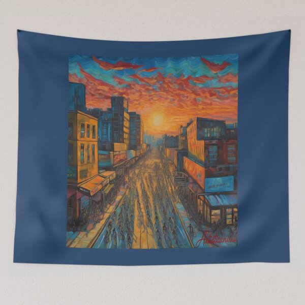 Item preview, **Sunset City: Cyclists in Fiery Twilight** designed and sold by Artisticanvas.