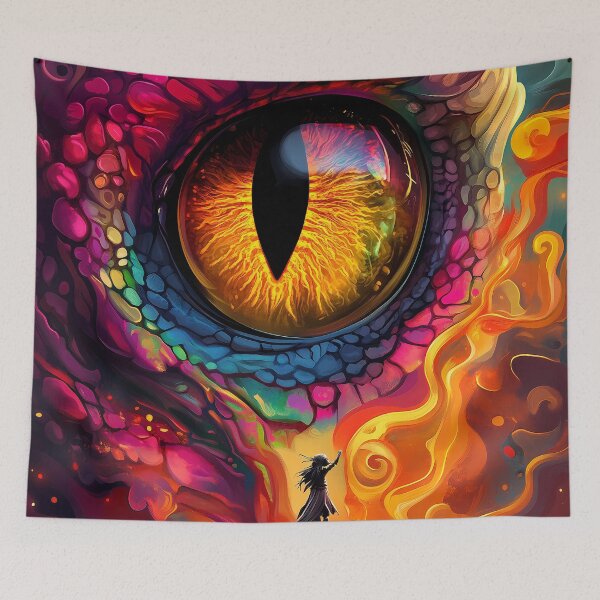 Item preview, Giant Animal Glowing Dragon Eye Facing Lone Hero Amid Psychedelic Firestorm designed and sold by earlobejerk.