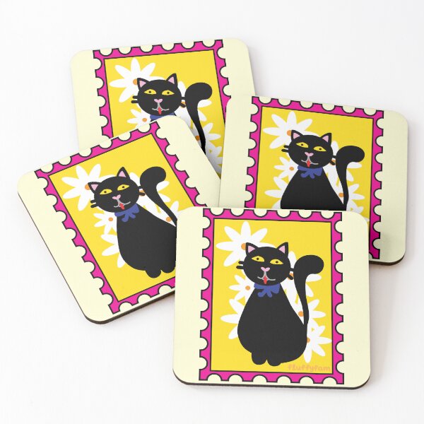 Item preview, Black cat with daisy flowers stamp designed and sold by fluffyfamcraft.