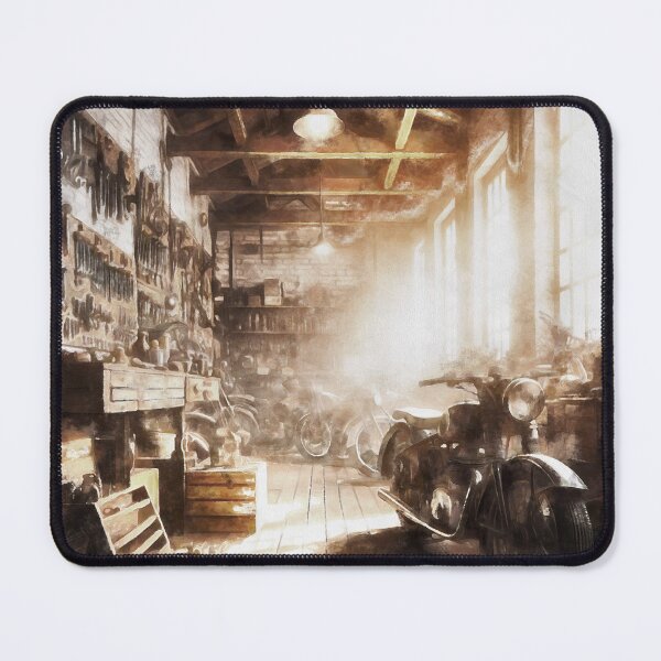 Item preview, Old motorcycle repair shop with vintage motorbikes designed and sold by Ermes.S.