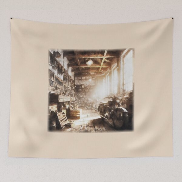 Item preview, Old motorcycle repair shop with vintage motorbikes designed and sold by Ermes.S.