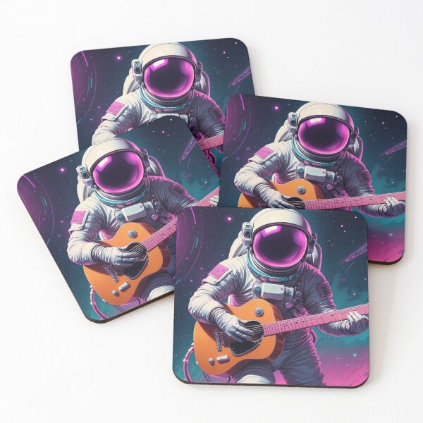 Item preview, Astronaut jamming on a floating guitar in space, synthwave colors, surreal sci-fi style, music-themed apparel design designed and sold by Retram.
