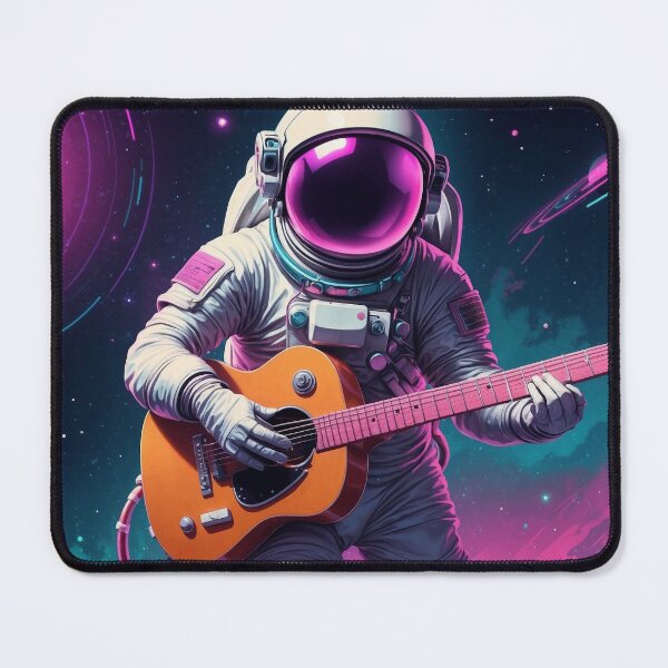 Item preview, Astronaut jamming on a floating guitar in space, synthwave colors, surreal sci-fi style, music-themed apparel design designed and sold by Retram.
