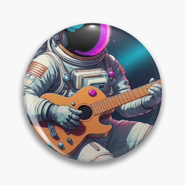 Item preview, Astronaut jamming on a floating guitar in space, synthwave colors, surreal sci-fi style, music-themed apparel design designed and sold by Retram.