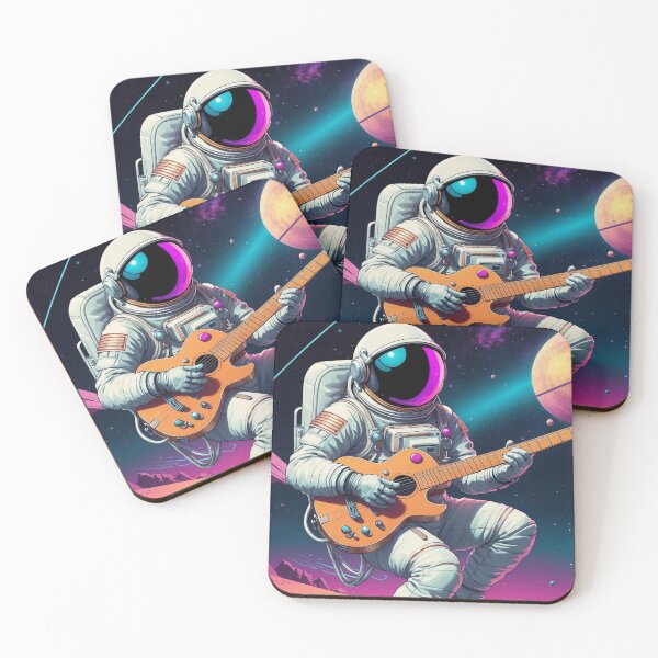 Item preview, Astronaut jamming on a floating guitar in space, synthwave colors, surreal sci-fi style, music-themed apparel design designed and sold by Retram.