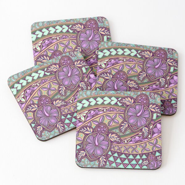 Item preview, Hibiscus turtles twilight purple & minty green Pacific waves designed and sold by AprilAppleArt.