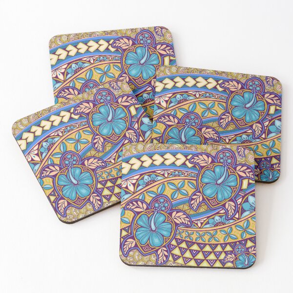 Item preview, Hibiscus turtles turquoise blue and gold Pacific waves designed and sold by AprilAppleArt.